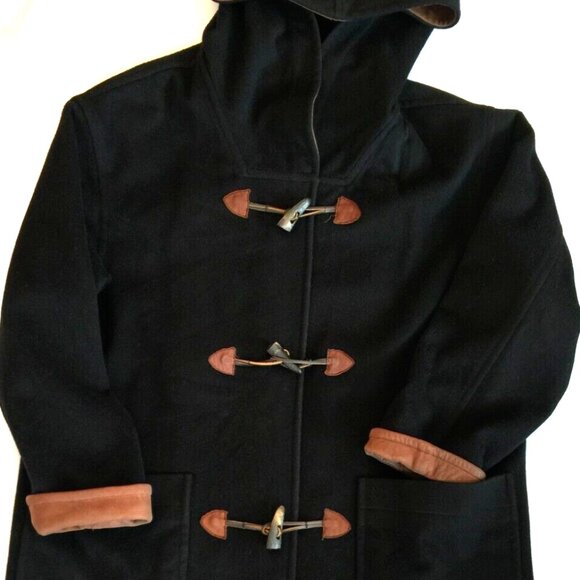 VINTAGE 100% WOOL LEATHER TRIM HOODED DUFFLE COAT WOMENS 10 BLACK MADE IN USA - Picture 3 of 14